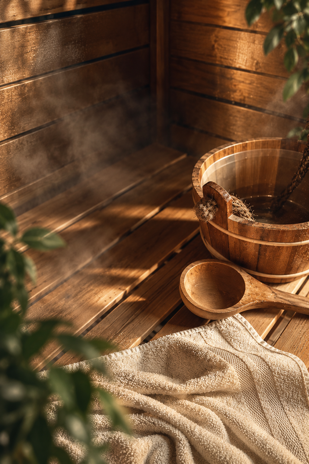 Wooden sauna with a bucket, ladle and towel