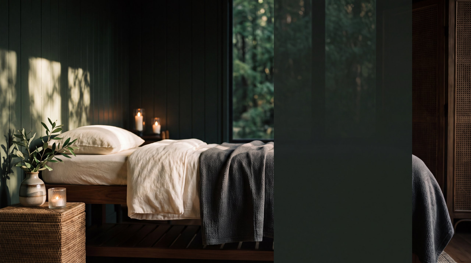 Massage bed beneath a window with a cane screen